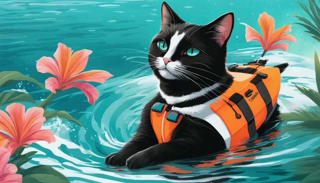 Cat wearing a life jacket
