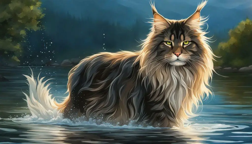 Maine Coon Cat Paddling in Water