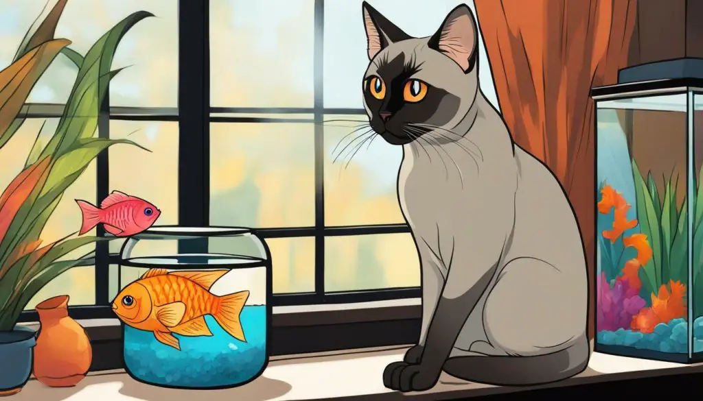 Tonkinese cat looking at fish tank