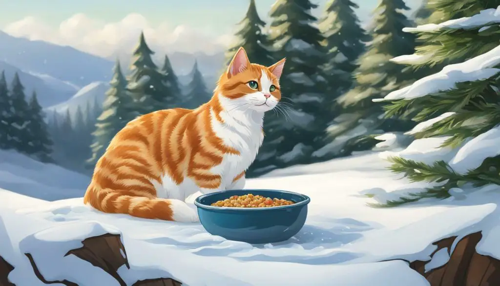 outdoor cat enjoying food in the snow