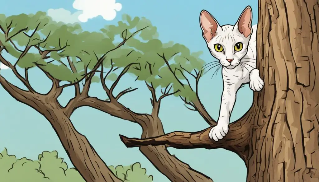 Devon Rex cat climbing on a tree