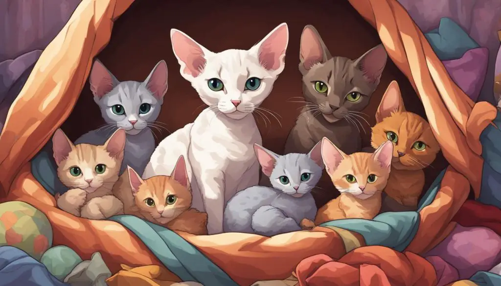 Devon Rex cat with kittens