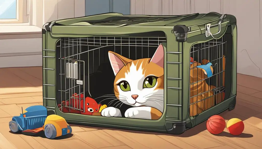 European Shorthair cat in a travel crate
