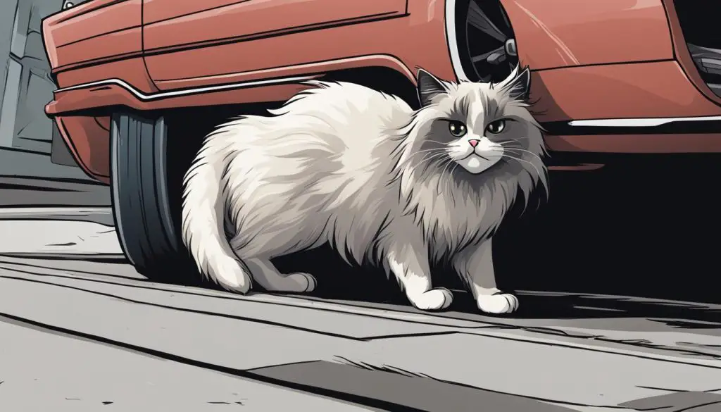 Ragdoll cat hiding under a car