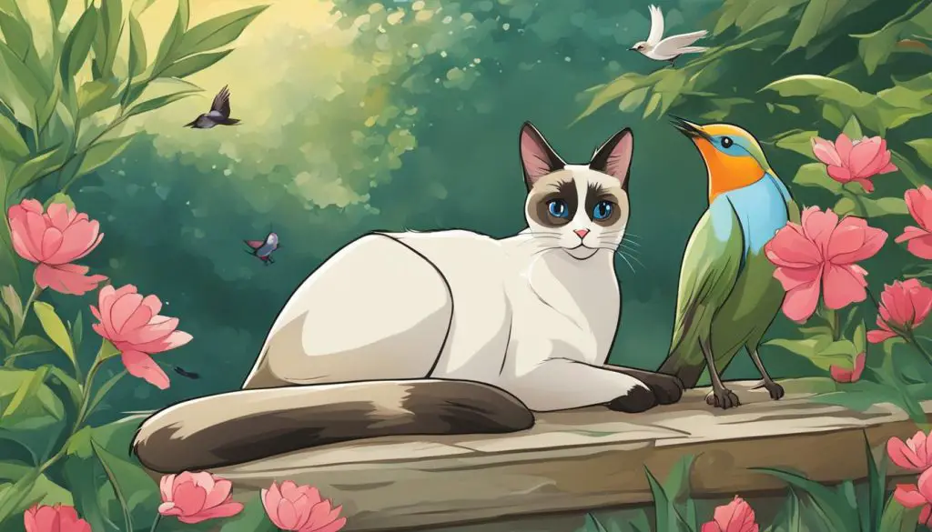 Siamese cat and bird sitting next to each other