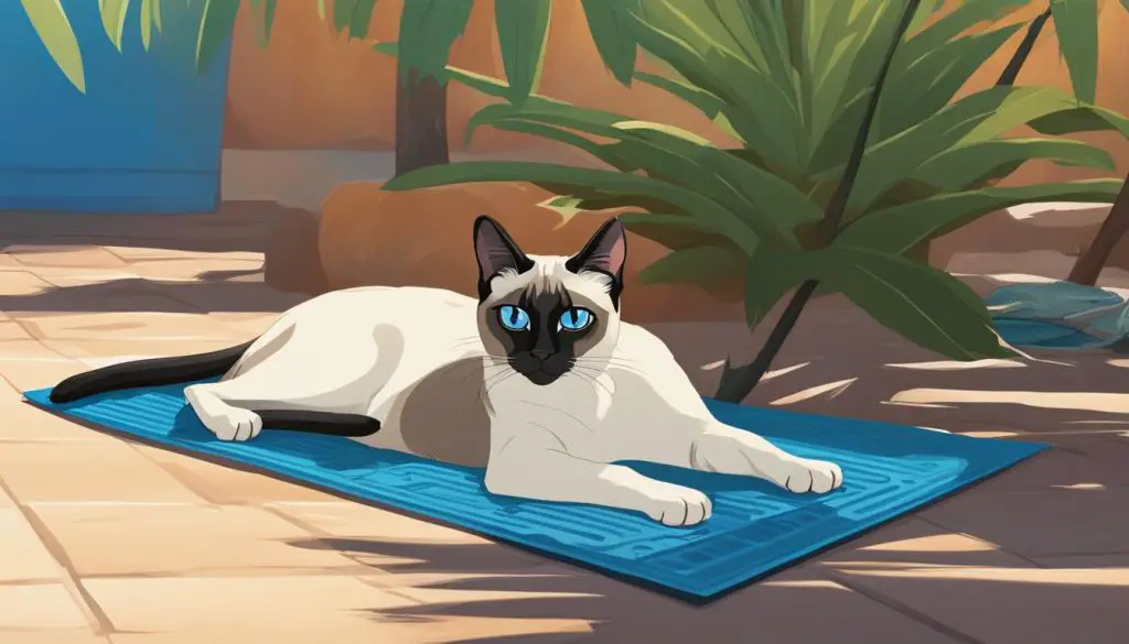 Siamese cat laying on a cool mat