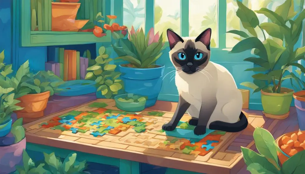 Siamese cat playing with a feeding puzzle