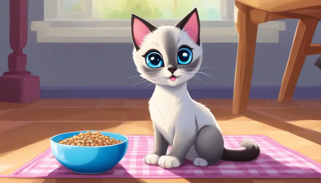 Siamese kitten with food bowl
