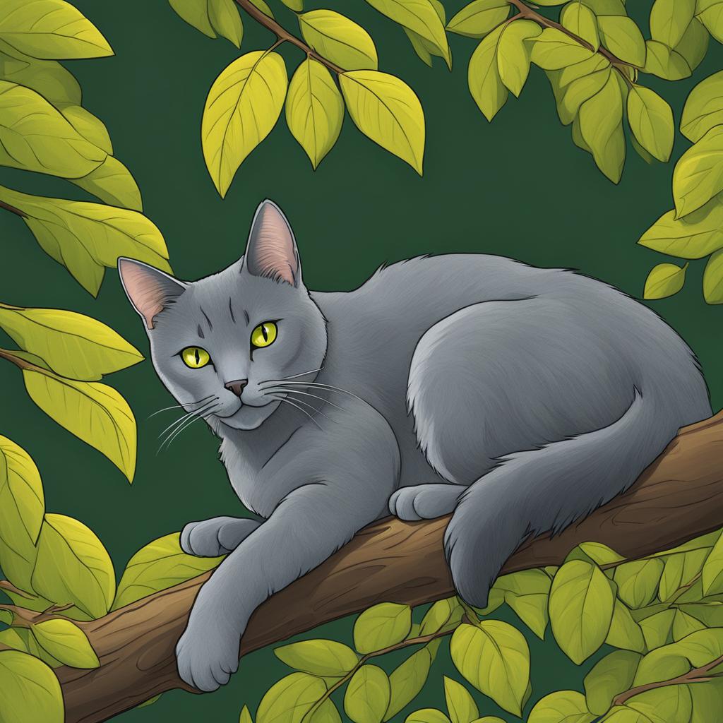 Chartreux cat sitting on a tree branch